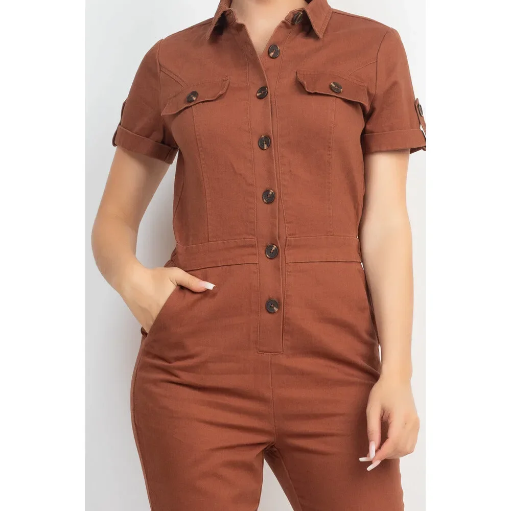 Collared Button-front Jumpsuit - Picture 3 of 4